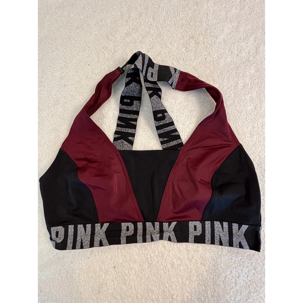 PINK Victorias Secret Sports Bra Large Colorblock Burgundy Black Logo Straps